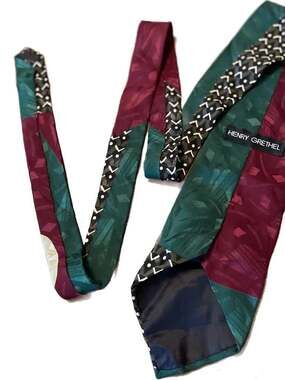 Vintage 80's Henry Grethel Jacquard Silk‎ Tie, Abstract  Deep Red and Green.